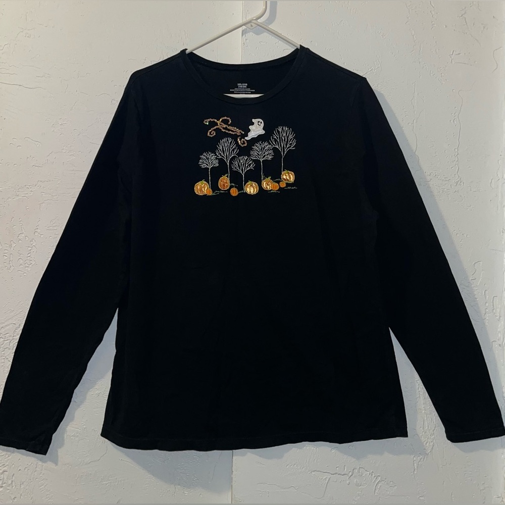 Black Halloween T-shirt with Pumpkins, Ghost and Silver Trees